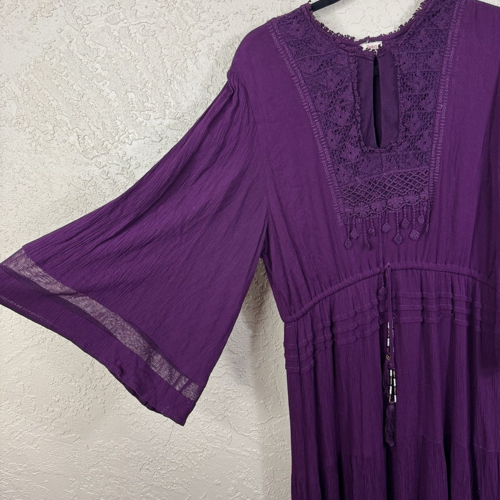 Womens Boho Maxi Dress Size L Burgundy Romantic Lace Flutter Sleeve Empire Waist - Picture 2 of 12